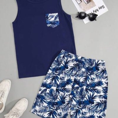 SHEIN Teen Boy Casual Tropical Plant Print Tank Top And Shorts Set For Holiday