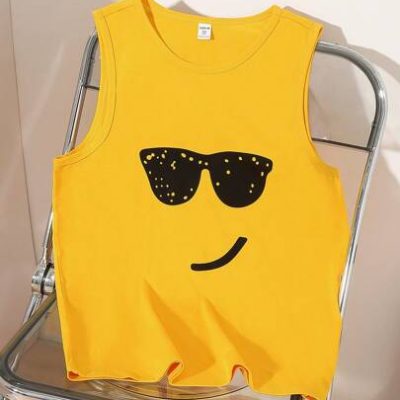 SHEIN TEEN BOY Cotton-Blend Sleeveless Vest With Eyeglasses Print, Casual Streetwear Style For Spring And Summer