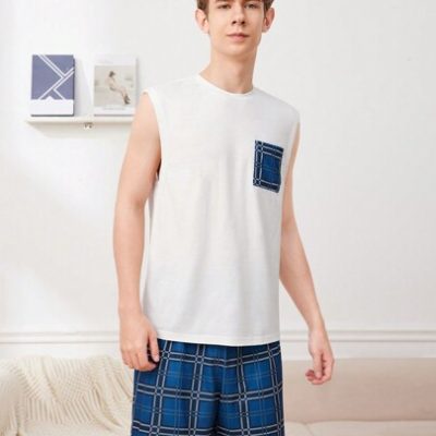 SHEIN Teen Boy Plaid Patch Pocket Decorated Vest And Plaid Shorts Flame Retardant Sleepwear Set