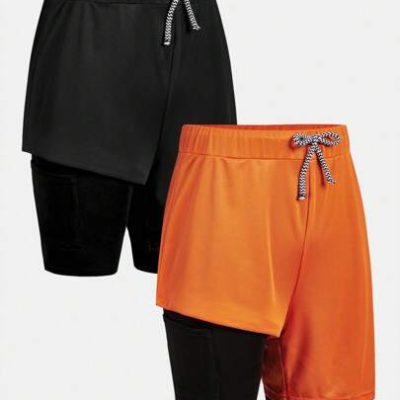 SHEIN Teen Boy Solid Double Layer Athletic Shorts Two-Piece Set