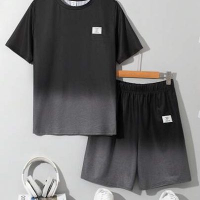 SHEIN Teen Boy Summer Casual Ombre Weave Label Short Sleeve T-Shirt And Shorts Set