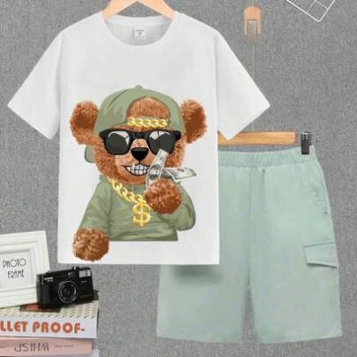 SHEIN Teen Boys’ Casual Bear Print Short Sleeve Shirt And Shorts Set, Summer