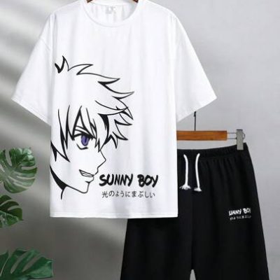 SHEIN Teen Boy’s Casual Cartoon Printed Round Neck T-Shirt And Knitted Shorts Set