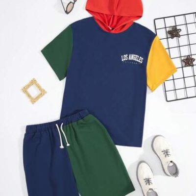 SHEIN Teen Boys’ Casual Colorblock Hooded T-Shirt And Shorts Set, Perfect For Summer