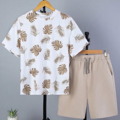 SHEIN Teen Boys’ Casual Comfortable Knitted Leaf Printed Short Sleeve T-Shirt And Shorts, Summer