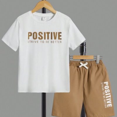 SHEIN Teen Boys’ Casual Positive Letter Print T-Shirt And Color Block Shorts Set