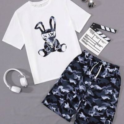 SHEIN Teen Boys’ Casual Rabbit Print T-Shirt And Camouflage Print Shorts Set