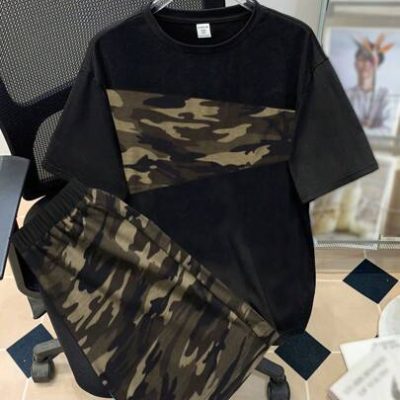 SHEIN Teen Boys’ Casual Sports Camo Patchwork T-Shirt And Shorts Set