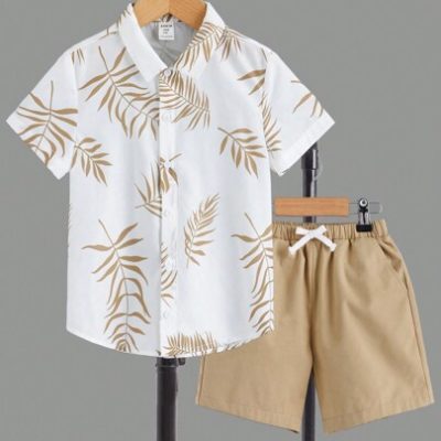 SHEIN Teen Boys’ Casual Tropical Plant Leaf Print Short Sleeve Shirt And Drawstring Shorts 2pcs Outfit, Summer