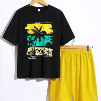 SHEIN Teen Boy’s Holiday Coconut Tree Print Short Sleeve T-Shirt With Sports Shorts Knit Two Piece Set Summer