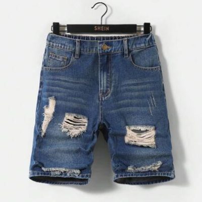 SHEIN Teen Boys’ Ripped Frayed Vintage Washed Blue Denim Jeans Shorts,For Spring And Summer Teen Boy Outfits