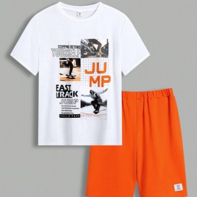 SHEIN Teen Boys’ Street Style Casual Letter Printed T-Shirt With Woven Label Short Set