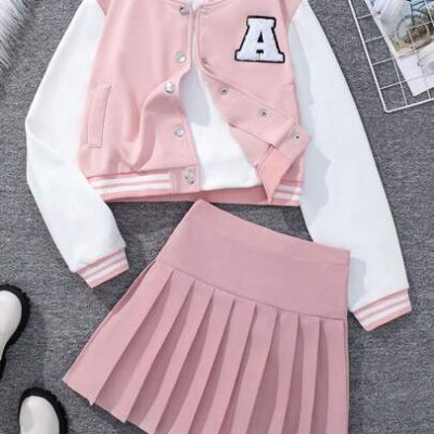 SHEIN Teen Girl Baseball Jacket With Letter Embroidery And Pleated Skirt Set