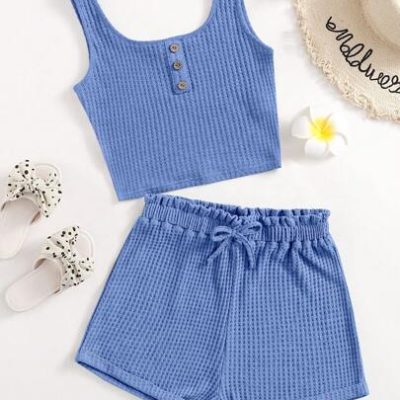 SHEIN Teen Girl Button Front Tank Top & Paperbag Waist Shorts Set