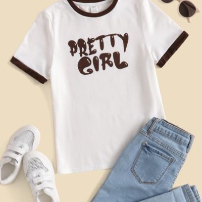 SHEIN Teen Girl Casual Knitted Letter Print Patchwork Round Neck Short Sleeve T-Shirt Suitable For Summer