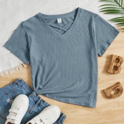 SHEIN Teen Girl Crisscross Front Waffle Knit Tee