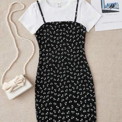 SHEIN Teen Girl Knit Ribs Patchwork Floral Print Cami Dress With Layered Design