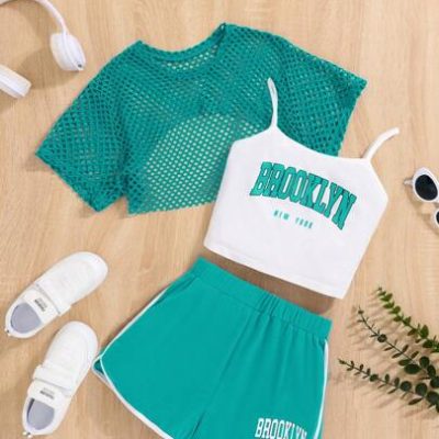 SHEIN Teen Girl Letter Graphic Cami Top & Shorts & Mesh Top