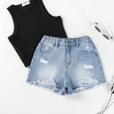 SHEIN Teen Girl Ripped Raw Hem Denim Shorts