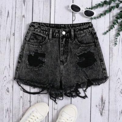 SHEIN Teen Girl’s Black-Grey Distressed Denim Shorts