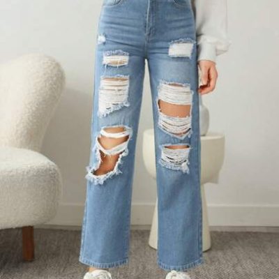 SHEIN Teen Girls’ Casual Solid Color Ripped Straight Leg Jeans, Suitable For Spring And Summer