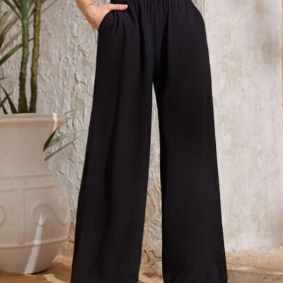 SHEIN Teen Girl’s Elegant Elastic High Waisted Wide Leg Pants With Ruffle Hem For Summer