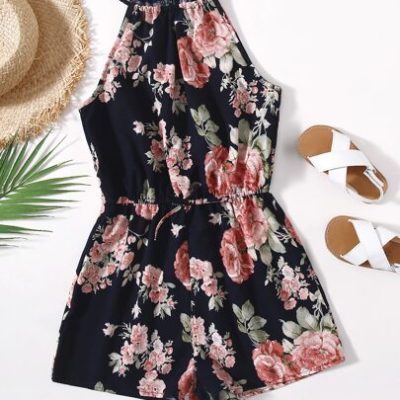 SHEIN Teen Girls Floral Print Knot Waist Halter Romper