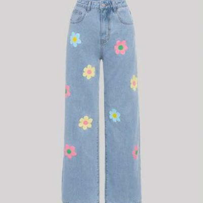 SHEIN Teen Girls Floral Print Wide Leg Jeans