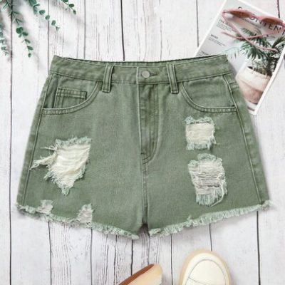 SHEIN Teen Girls’ Frays Ripped Denim Shorts