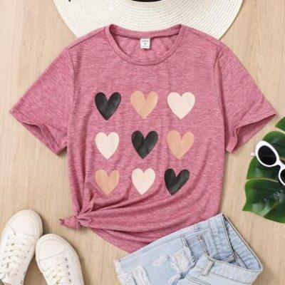 SHEIN Teen Girl’S Knitted Mesh Heart Printed Casual Short Sleeve T-Shirt