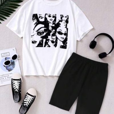 SHEIN Teen Girls’ Knitted Portrait Pattern Short Sleeve T-Shirt And Shorts Casual Outfits