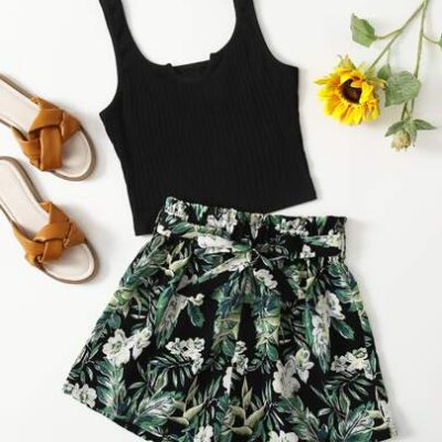 SHEIN Teen Girls Rib Knit Tank Top & Tropical Print Shorts Set