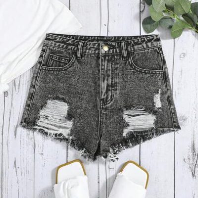 SHEIN Teen Girls Ripped Raw Hem Denim Shorts