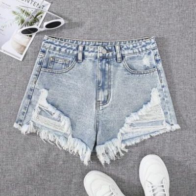 SHEIN Teen Girls Ripped Raw Hem Denim Shorts