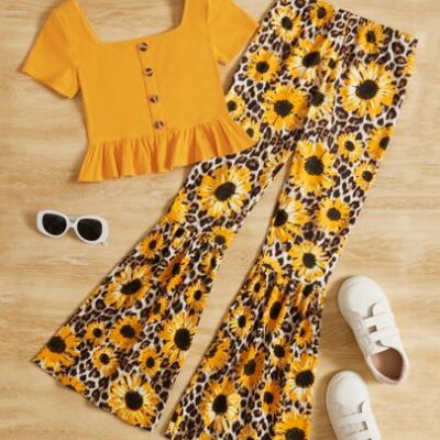 SHEIN Teen Girls Ruffle Hem Tee & Floral Print Flare Leg Pants