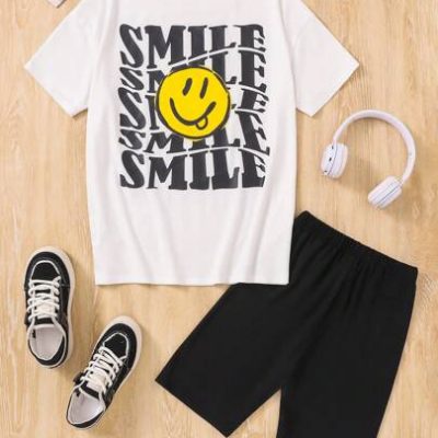 SHEIN Teen Girls Two-Piece Solid Color Leggings T-Shirt With Letters And Face Pattern On The Back