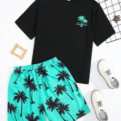 SHEIN Teenage Boys’ Casual Coconut Tree Print Color Block Short Sleeve T-Shirt And Shorts Set For Summer