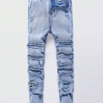 SHEIN Teenage Boys” Stretchy Water Washed Jeans, Fashionable With Multiple Ripped Holes, Streetwear Style And Slim Fit