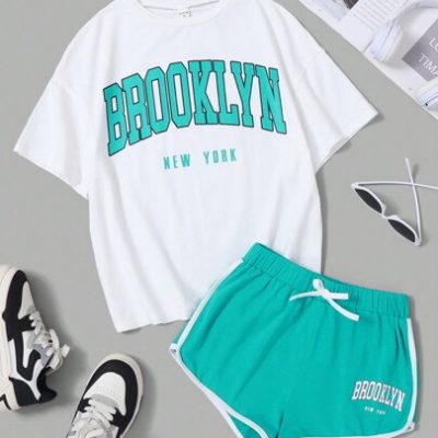 SHEIN Teenage Girls’ English Letter Printed T-Shirt And Color-Block Shorts Casual Set