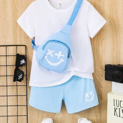 SHEIN Toddler Boys Solid Tee & Cartoon Graphic Shorts & Accessory Bag