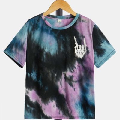 SHEIN Trendy Tie-Dyed Print Round Neck Pullover Short Sleeve Knit T-Shirt For Tween Boy