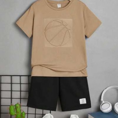 SHEIN Tween Boy Basketball Pattern Tee & Letter Patched Detail Shorts