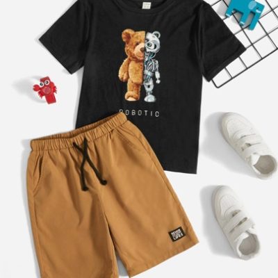 SHEIN Tween Boy Bear & Letter Graphic Tee & Drawstring Waist Shorts