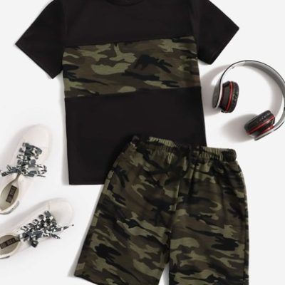 SHEIN Tween Boy Camo Print Tee & Drawstring Waist Shorts