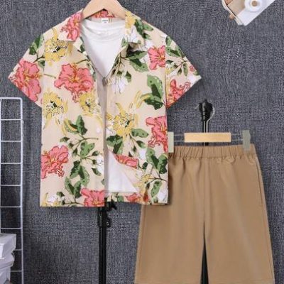 SHEIN Tween Boy Casual Comfortable Floral Print Button-Down Shirt And Solid Color Shorts Set