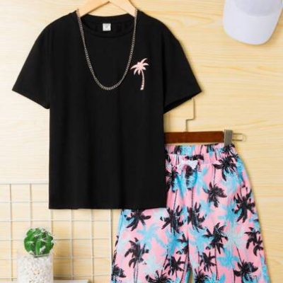 SHEIN Tween Boy Coconut Tree Print Tee & Shorts