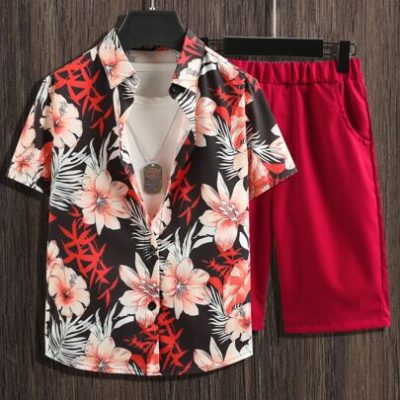 SHEIN Tween Boy Floral Print Shirt & Shorts Without Tee