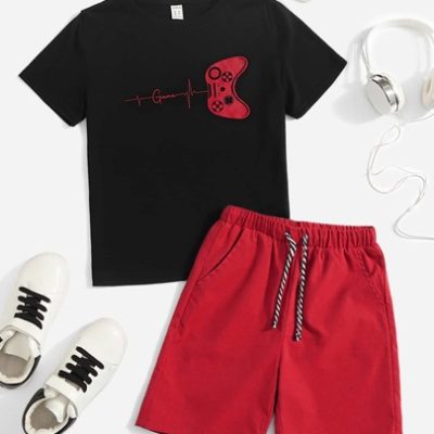 SHEIN Tween Boy Gamepad & Letter Graphic Tee & Drawstring Waist Shorts