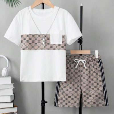 SHEIN Tween Boy Geo Print Tee & Striped Tape Side Shorts