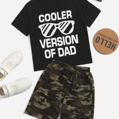 SHEIN Tween Boy Glasses & Letter Graphic Tee & Camo Print Shorts